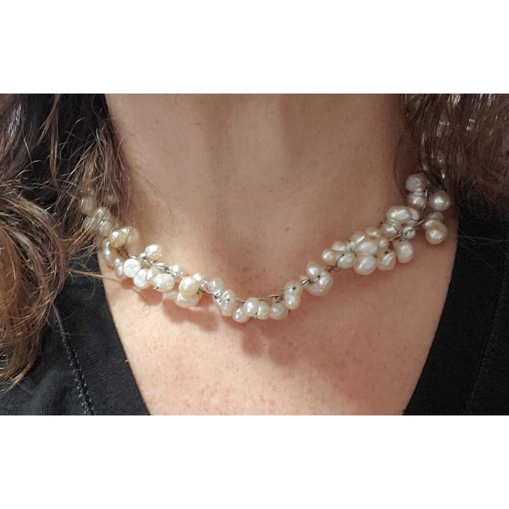 Freshwater Potato Pearl Wire Wrapped Sterling Silver Necklace 18" - Picture 3 of 9